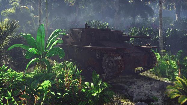 Wrecked tank lies in the jungle in the middle of palm trees and tropical vegetation.