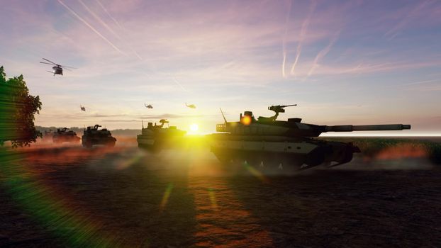 Military tanks and military helicopters move at sunset on the battlefield.