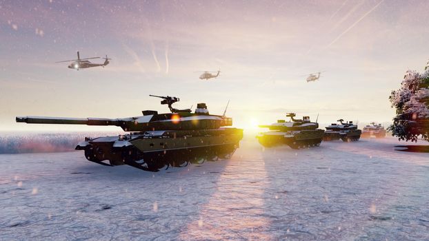 Military tanks and military helicopters move on a clear winter day on the battlefield.