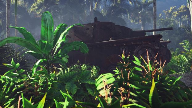 Wrecked tank lies in the jungle in the middle of palm trees and tropical vegetation.