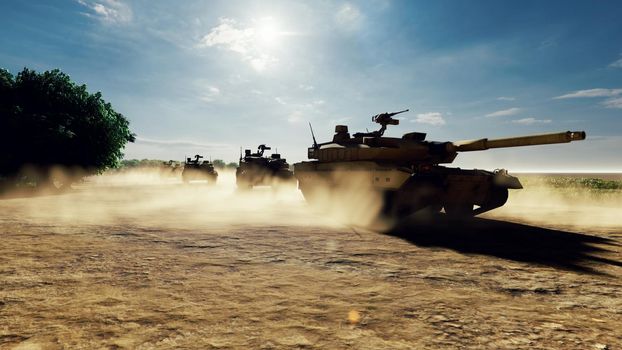 Military tanks ride on a dusty road on a Sunny day on the battlefield.