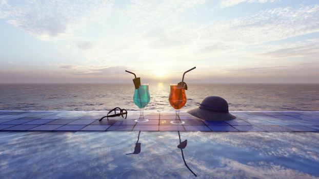 Beautiful glasses with cocktails on the background of the sea and the sunrise.