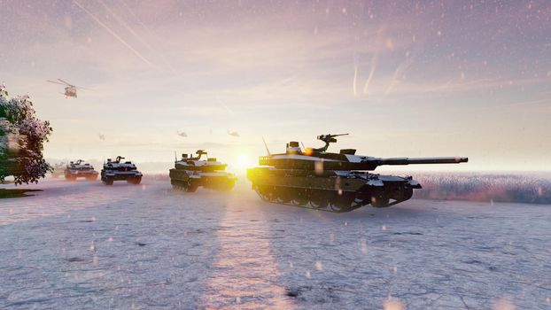 Military tanks and military helicopters move on a clear winter day on the battlefield.
