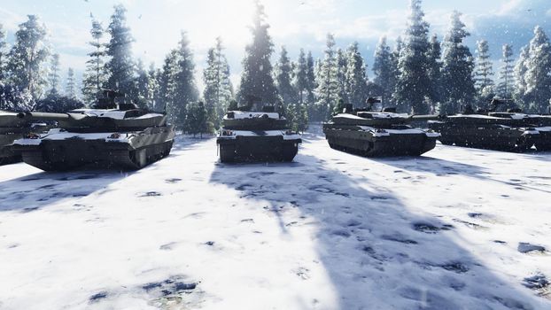 Military tanks clear Sunny winter day on the battlefield preparing to attack.