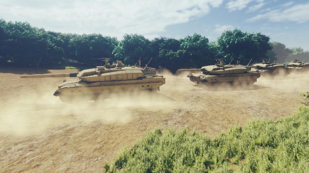 Military tanks ride on a dusty road on a Sunny day.