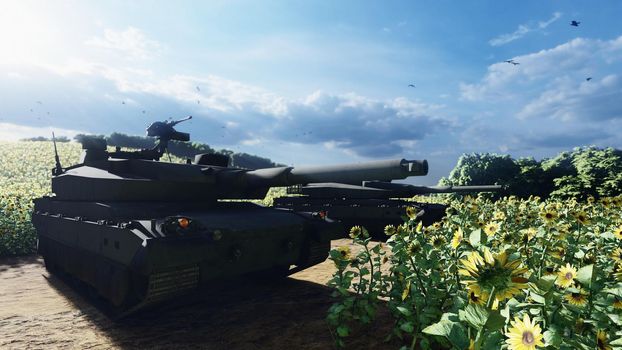 Military tanks on a clear Sunny summer day on a field in the middle of sunflowers.