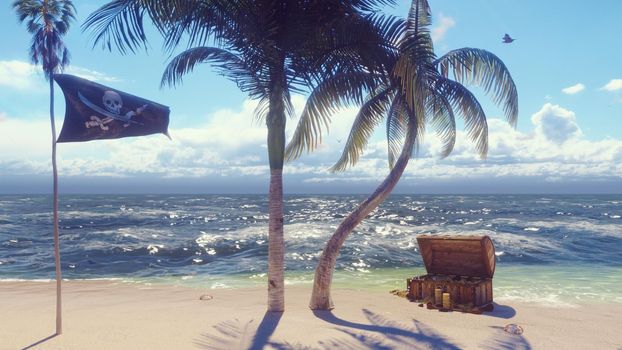 Sand, sea, sky, clouds, palm trees and summer day. Pirate island, chest of gold and pirate flag fluttering in the wind.