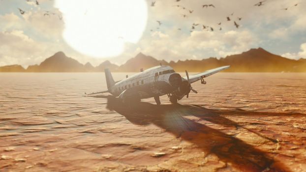 The crashed plane is in the desert. Apocalyptic view of the hot desert.