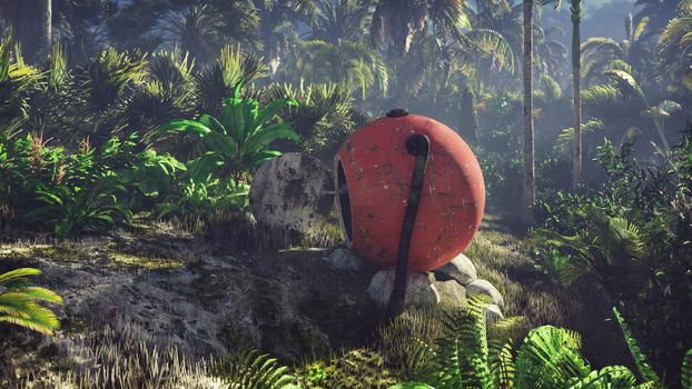 Wrecked space capsule lies in the jungle in the middle of palm trees and tropical vegetation.