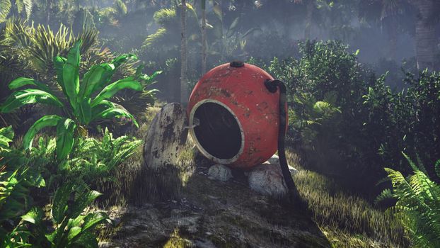 Wrecked space capsule lies in the jungle in the middle of palm trees and tropical vegetation.
