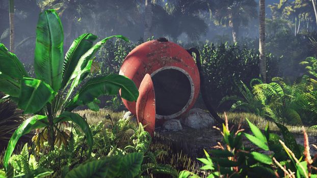 Wrecked space capsule lies in the jungle in the middle of palm trees and tropical vegetation.