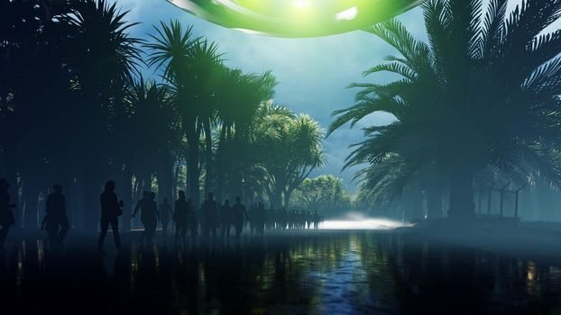 A crowd of people is on the call of aliens. People walk on the wet highway over which flies an alien UFO. For fiction, futuristic, sci-fi or interstellar backgrounds.