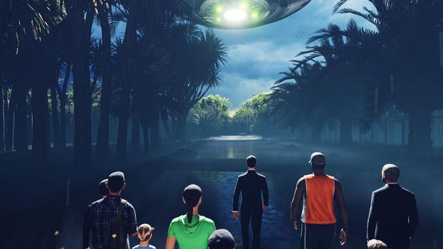 A crowd of people is on the call of aliens. People walk on the wet highway over which flies an alien UFO. For fiction, futuristic, sci-fi or interstellar backgrounds.