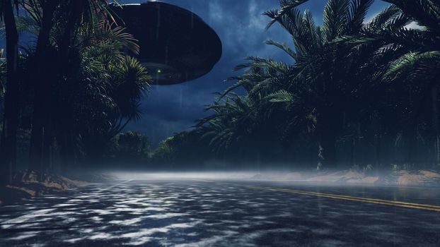 An alien UFO flies over the highway. For sci-fi, futuristic, fantasy or interstellar backgrounds.