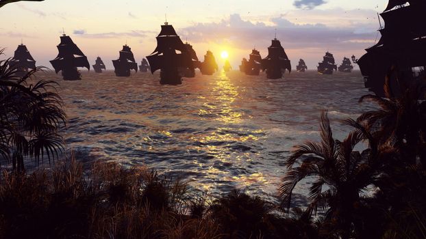 Medieval ships docked on an island in the vast blue ocean at sunset. The concept of sea adventures in the Middle ages.