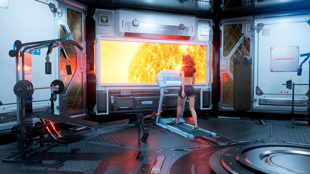 In the gym on a futuristic spaceship, a beautiful athlete runs on a treadmill in front of a porthole overlooking a burning star.