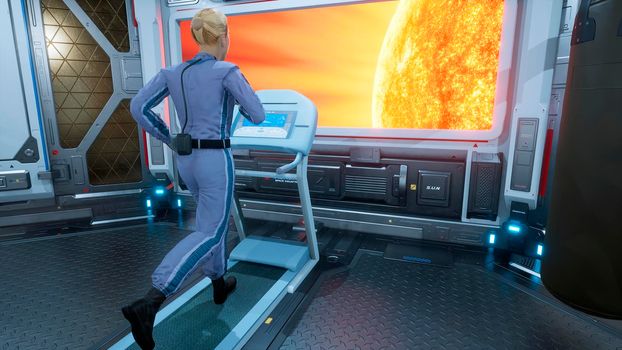 A female astronaut athlete runs on a treadmill in a gym on a futuristic spaceship in front of a porthole overlooking a burning star.