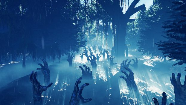 Dark mysterious misty swamp forest landscape. Dead hands reach out from the ground, steam rises from the marsh, for halloween backgrounds.