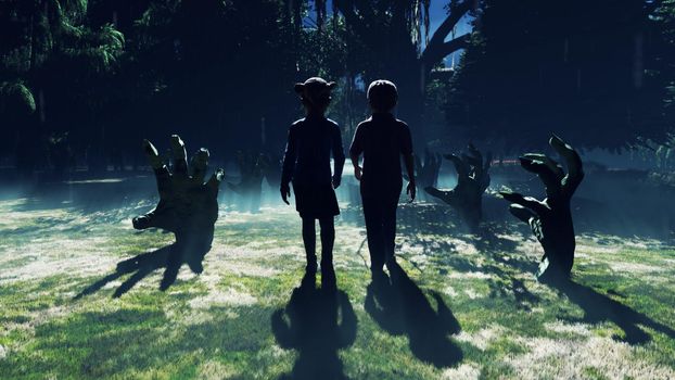 Little children walk through a dark mysterious misty swamp forest landscape. Dead hands reach for them from the ground, steam rises from the swamp, for a Halloween backdrop.