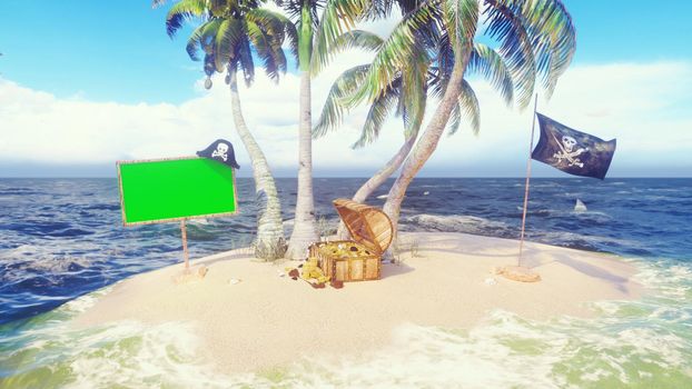 Sand, sea, sky, clouds, palm trees, sharks and summer day. Pirate island, a chest of gold, a wooden banner with a green screen and a pirate flag fluttering in the wind.