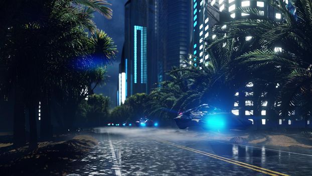 Futuristic sci-fi flying cars fly over the night wet highway, through the night city. The concept of the future.