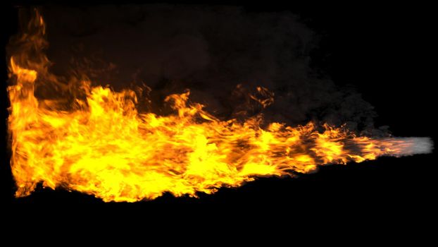 Animated realistic streams of fire with black smoke similar to a shot from a flamethrower, exhaust from a rocket engine or the flame of a fire-breathing dragon.