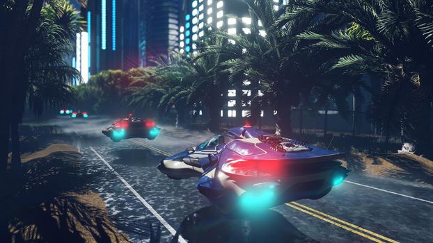 Futuristic sci-fi flying cars fly over the night wet highway, through the night city. The concept of the future.
