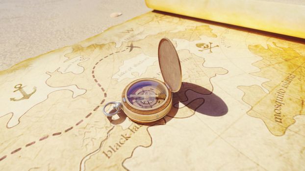 Pirate compass on the Treasure Map lying on the sand on the island of pirates. Vintage beautiful pirate compass lying on an old pirate treasure map.