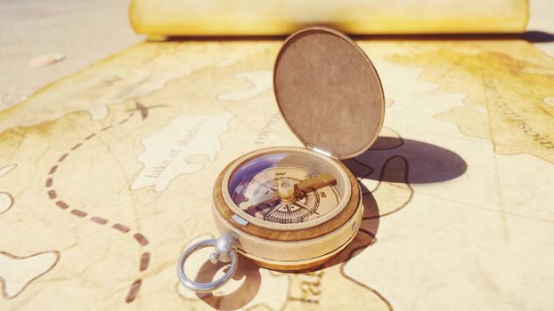 Pirate compass on the Treasure Map lying on the sand on the island of pirates. Vintage beautiful pirate compass lying on an old pirate treasure map.