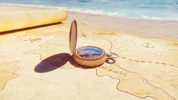 Pirate compass on the Treasure Map lying on the sand on the island of pirates. Vintage beautiful pirate compass lying on an old pirate treasure map.