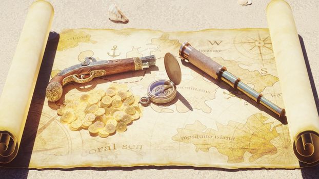 Pirate compass with pistol and spyglass lie on the treasure map. Pirate treasure and old pirate map on pirate island.