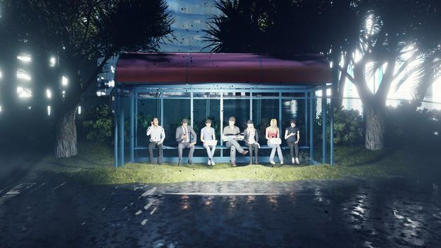 Young people waiting for the bus at the bus stop. Stylish business people are waiting for public transport while sitting at the modern bus stop in the evening.