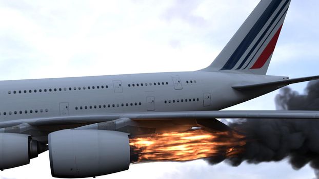 The engine of the aircraft caught fire and burns with the release of black smoke.