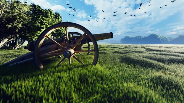 Medieval Cannon in a field in the middle of green grass at sunrise before the battle.