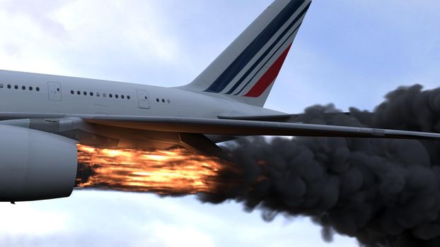 The engine of the aircraft caught fire and burns with the release of black smoke.
