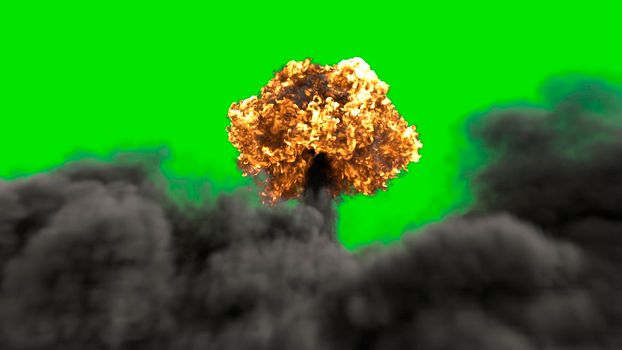 The explosion of a nuclear bomb. Realistic Atomic bomb explosion with fire, smoke and mushroom cloud in front of a green screen.