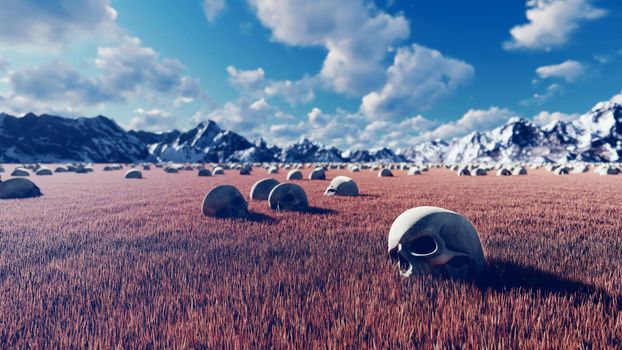 Mystical view, unusual grass, old skulls on the ground, blue sky with clouds, morning sun and mountains in the distance.