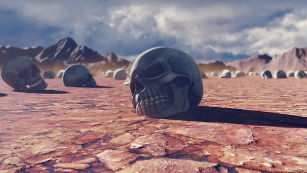 Mystical apocalyptic view, hot sultry desert and skulls on the cracked earth, disturbing sky with storm clouds and mountains in the distance.