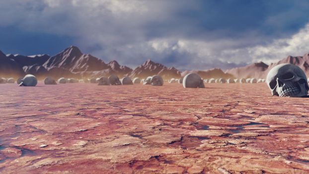 Mystical apocalyptic view, hot sultry desert and skulls on the cracked earth, disturbing sky with storm clouds and mountains in the distance.