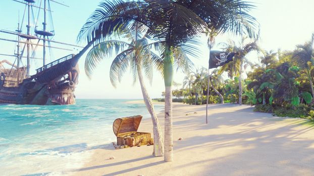 Sand, sea, sky, clouds, palm trees and summer day. Pirate island, chest of gold and pirate flag fluttering in the wind.