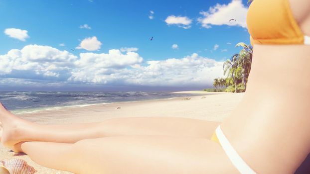 Beautiful scene with sexy woman on the ocean beach at sunrise.