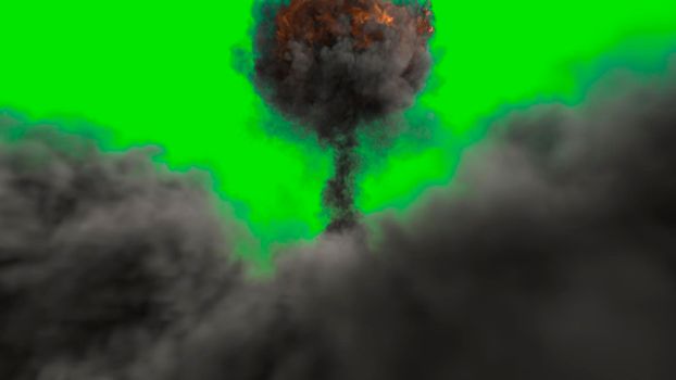 The explosion of a nuclear bomb. Realistic Atomic bomb explosion with fire, smoke and mushroom cloud in front of a green screen.