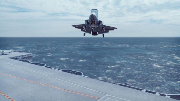 F-35 fighter takes off vertically from the aircraft carrier.