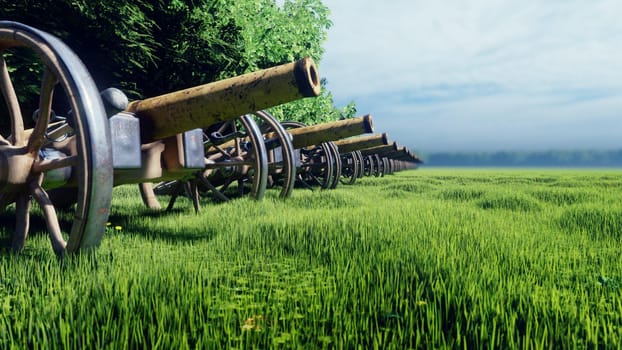 Medieval Cannon in a field in the middle of green grass at sunrise before the battle.