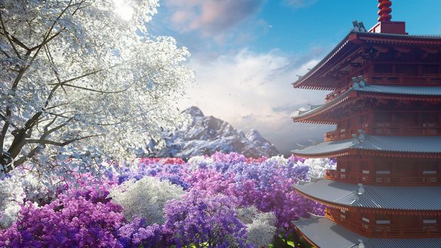 A sakura blooms in spring on the background of mountains, Japanese temple and fields of flowers. Travel and adventure, amazing spring landscape.