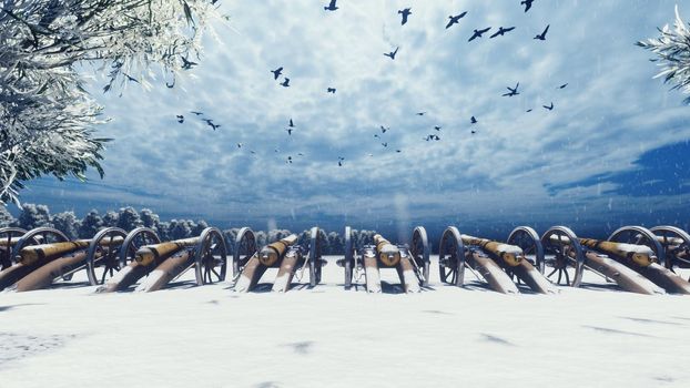 Medieval cannons in the winter field, in the snow on a cloudy day, before the battle. Falling snow, drifts and cannons ready for battle.