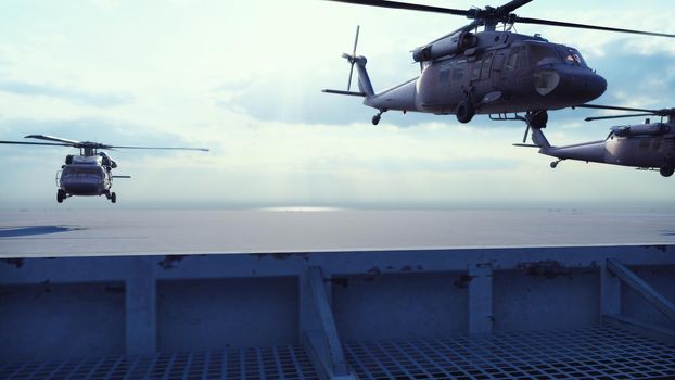 Military helicopters Blackhawk take off from an aircraft carrier at clear day in the endless blue sea.