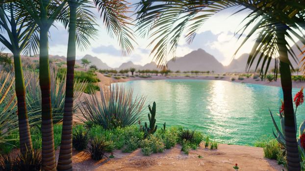 An amazing fantasy oasis in the desert. Clear day. Distant mountains, sand dunes, palm trees and a sultry sky with clouds.