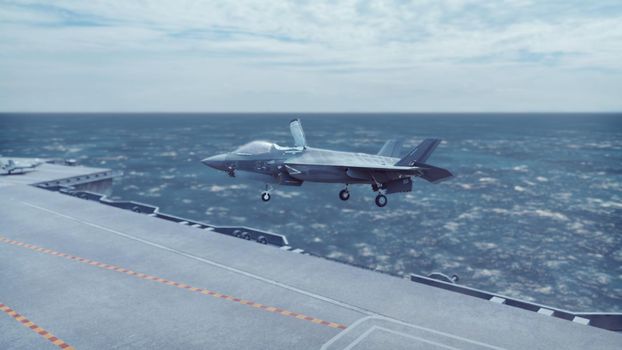 F-35 fighter takes off vertically from the aircraft carrier.