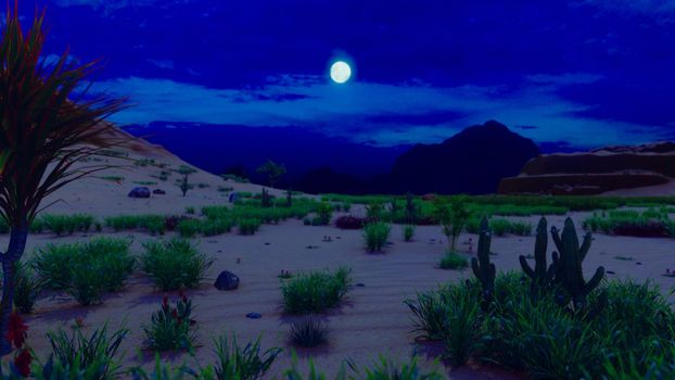 Desert horizon. Moonlit night. Far mountains, sand dunes and blue sky. Beautiful scenery. Sand dunes and night sky. Sand dunes and cacti.